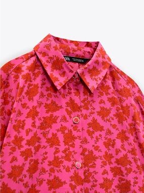 Zara Satin Effect Printed Shirt in Pink & Red Orange Floral Pattern
